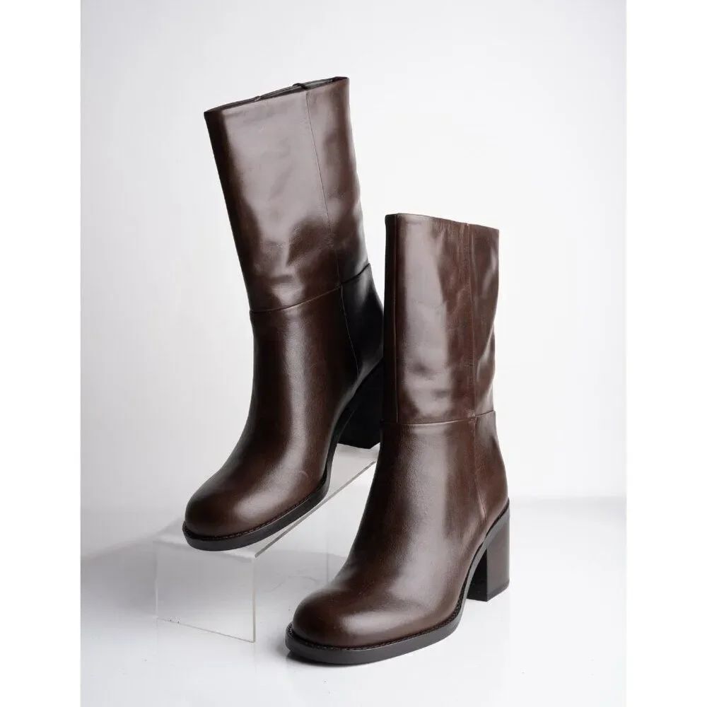 Massimo Dutti Womens Leather Heeled Boots Brown Ankle US 9 EU 40 1122/450 NWB